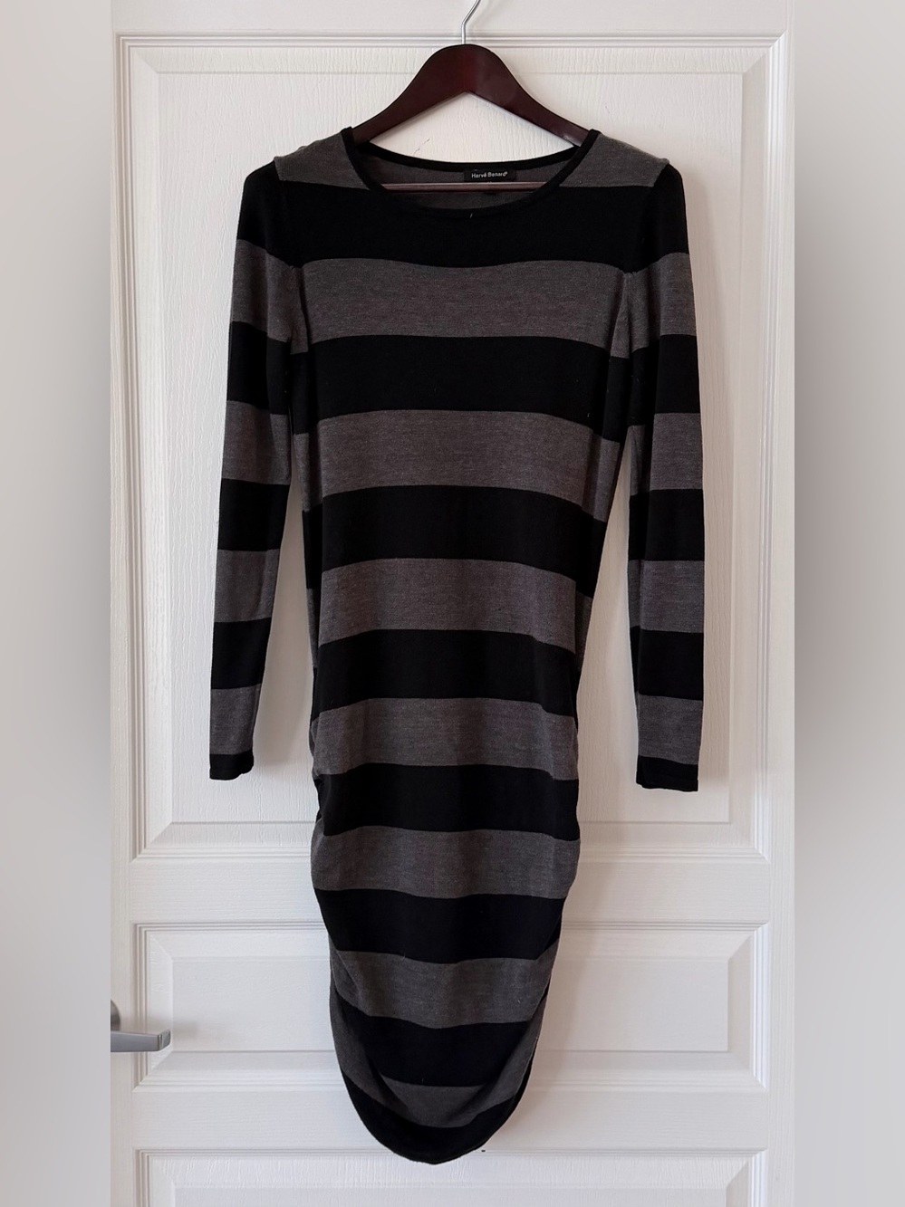 Harve Benard Black and Gray Striped Ruched Long Sleeve Dress